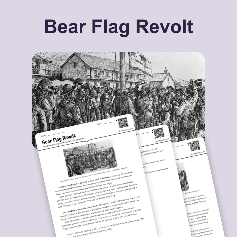 Bear Flag Revolt — ela — reading comprehension for Grade 3, Grade 4, Grade 5, page 1 of 4