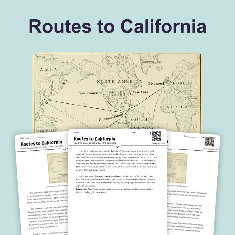 Routes to California — ela — reading comprehension for Grade 3, Grade 4, Grade 5, page 1 of 4