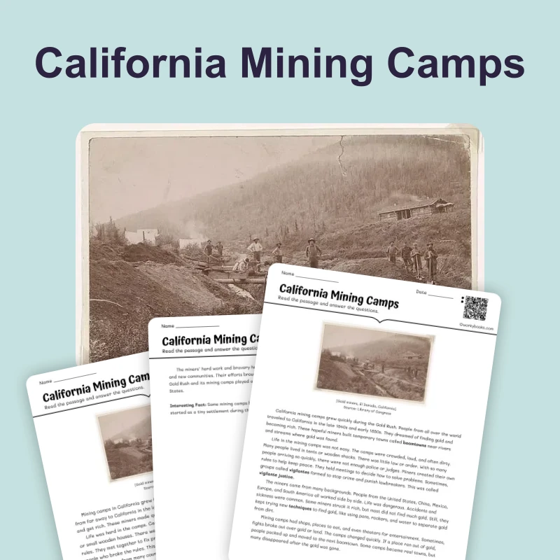 California Mining Camps — ela — reading comprehension for Grade 3, Grade 4, Grade 5, page 1 of 4