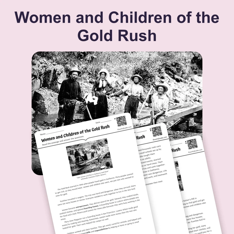 Women and Children of the Gold Rush — ela — reading comprehension for Grade 3, Grade 4, Grade 5, page 1 of 4