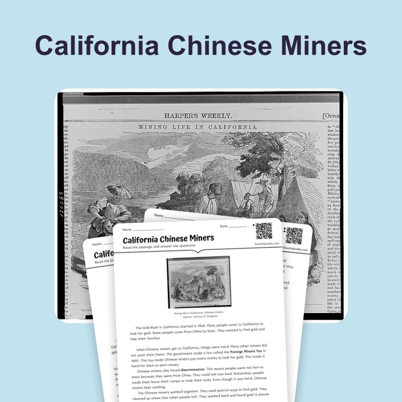 California Chinese Miners — ela — reading comprehension for Grade 3, Grade 4, Grade 5, page 1 of 4
