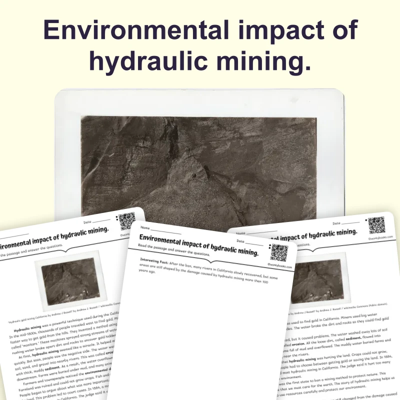 Environmental impact of hydraulic mining. — reading — reading comprehension for Grade 3, Grade 4, Grade 5, page 1 of 4
