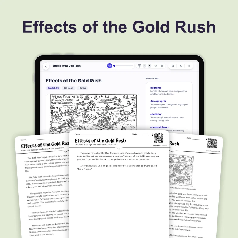 Effects of the Gold Rush — ela — reading comprehension for Grade 3, Grade 4, Grade 5, page 1 of 4