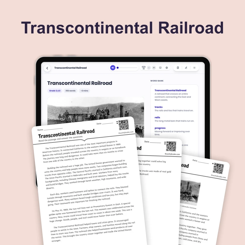 Transcontinental Railroad — ela — reading comprehension for Grade 3, Grade 4, Grade 5, page 1 of 4