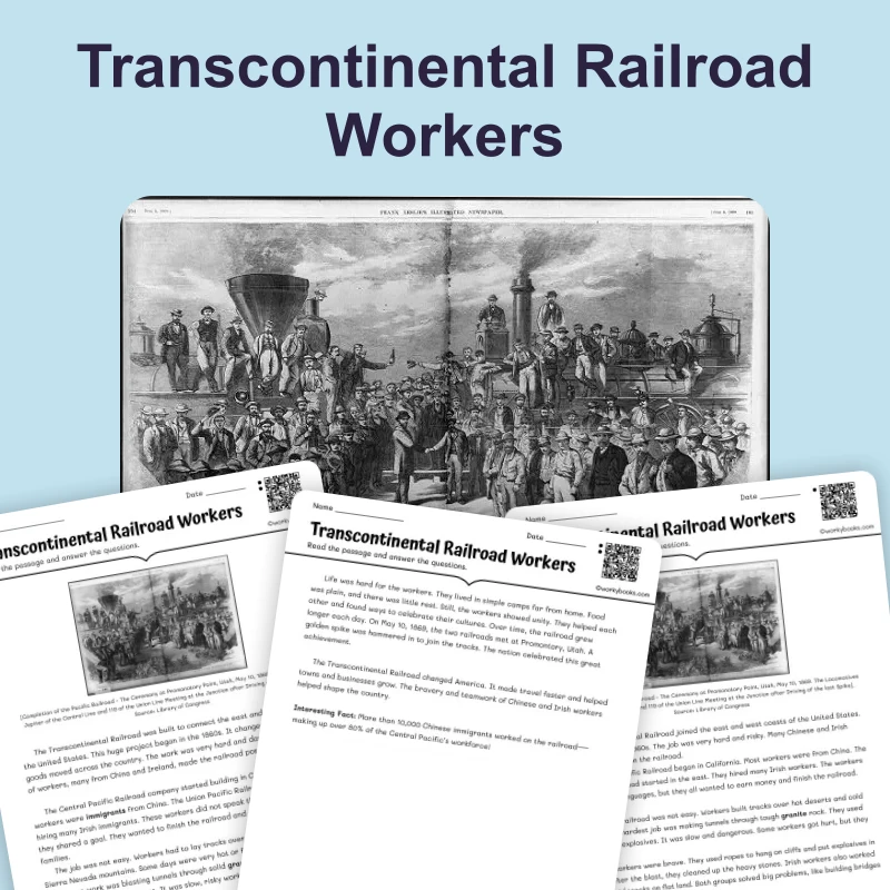 Transcontinental Railroad Workers — reading — reading comprehension for Grade 3, Grade 4, Grade 5, page 1 of 4