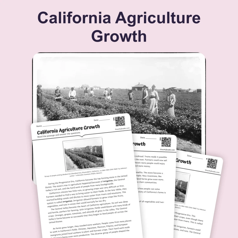 California Agriculture Growth — ela — reading comprehension for Grade 3, Grade 4, Grade 5, page 1 of 4