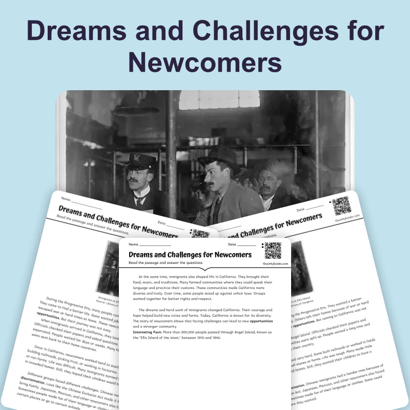 Newcomers to California — ela — reading comprehension for Grade 3, Grade 4, Grade 5, page 1 of 4
