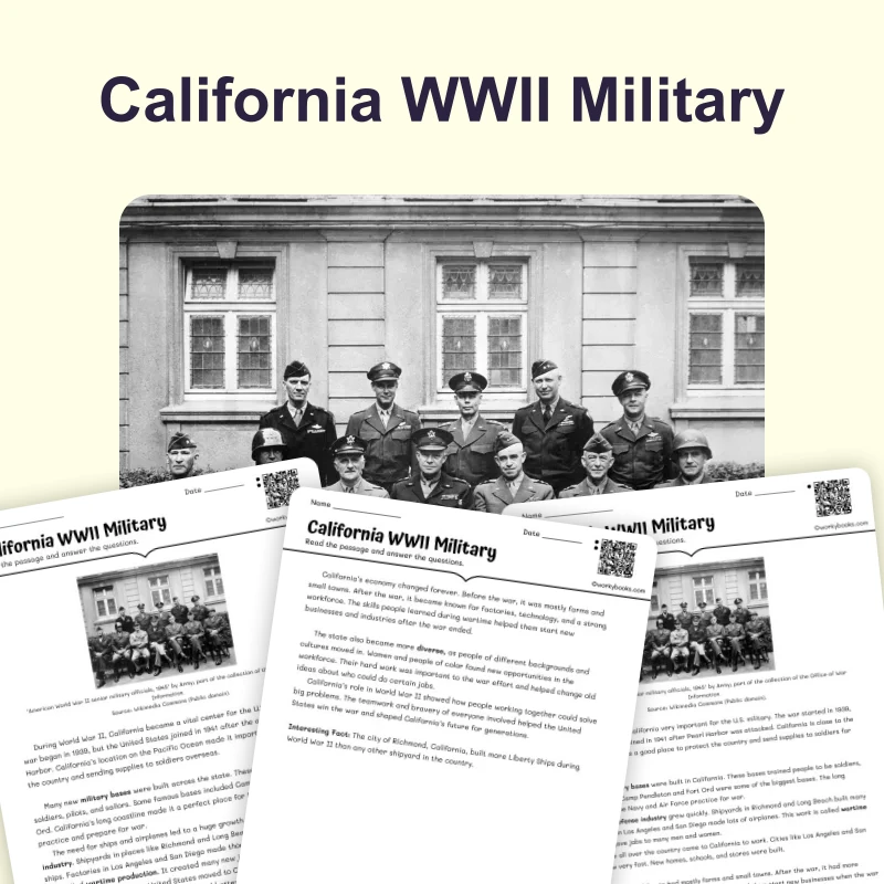 California WWII Military — reading — reading comprehension for Grade 3, Grade 4, Grade 5, page 1 of 4