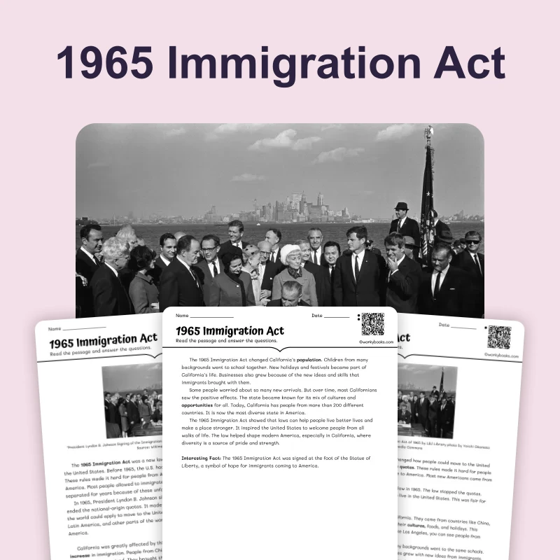 1965 Immigration Act — ela — reading comprehension for Grade 3, Grade 4, Grade 5, page 1 of 4