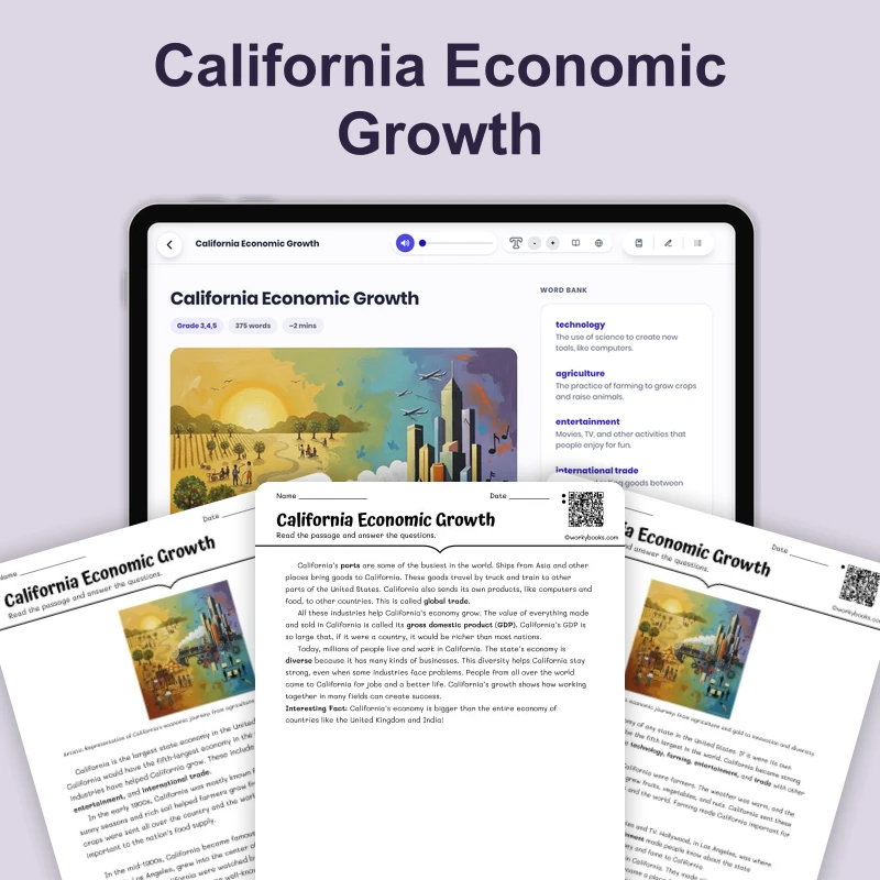 California Economic Growth — reading — reading comprehension for Grade 3, Grade 4, Grade 5, page 1 of 4
