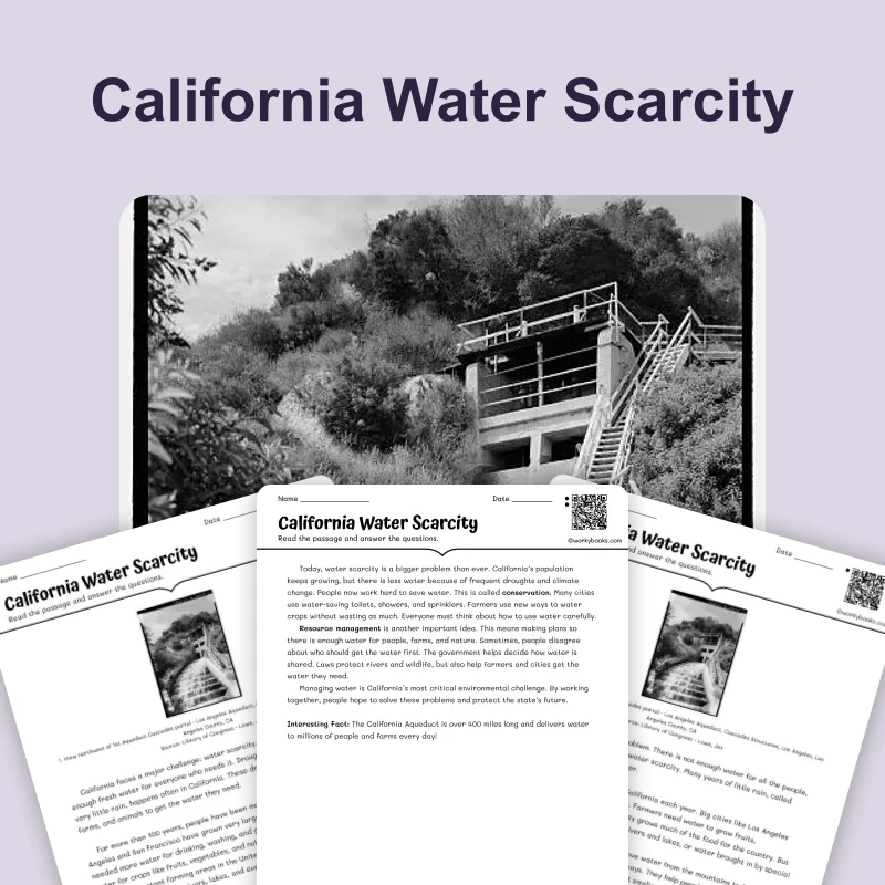 California's Water Challenges — ela — reading comprehension for Grade 3, Grade 4, Grade 5, page 1 of 4