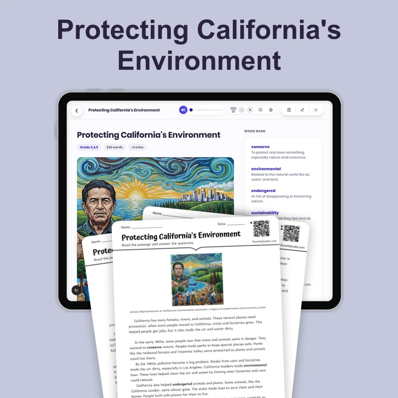 Protecting California's Environment — reading — reading comprehension for Grade 3, Grade 4, Grade 5, page 1 of 4