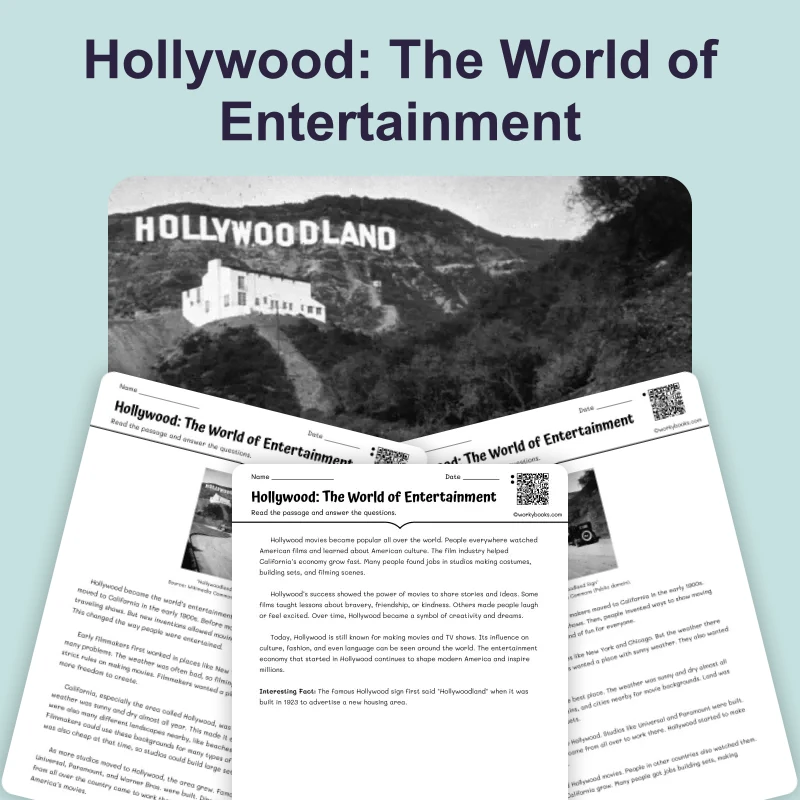 Hollywood: The World of Entertainment — ela — reading comprehension for Grade 3, Grade 4, Grade 5, page 1 of 4