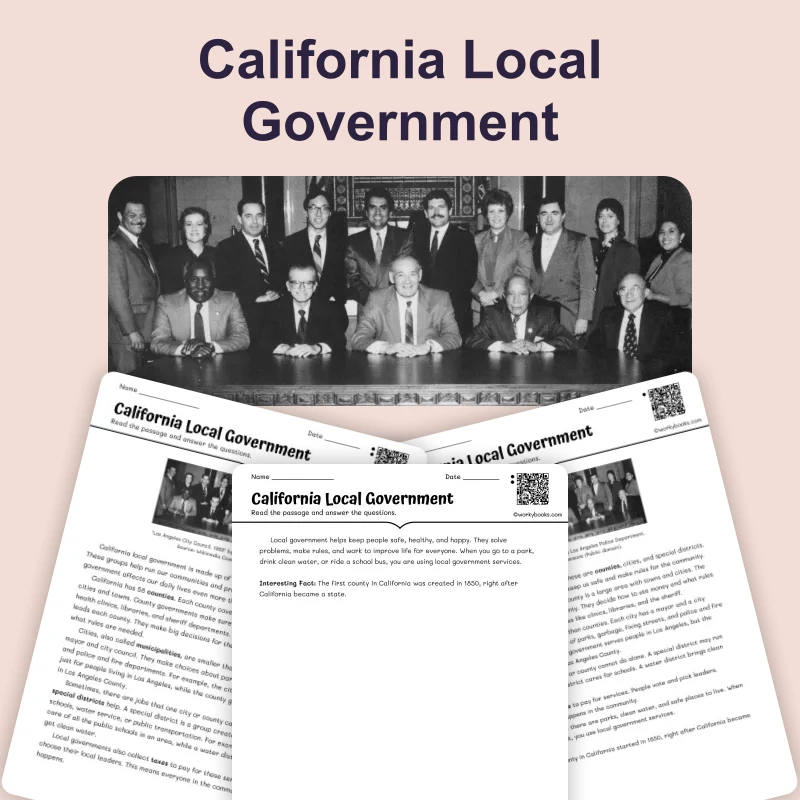 California Local Government — reading — reading comprehension for Grade 3, Grade 4, Grade 5, page 1 of 4