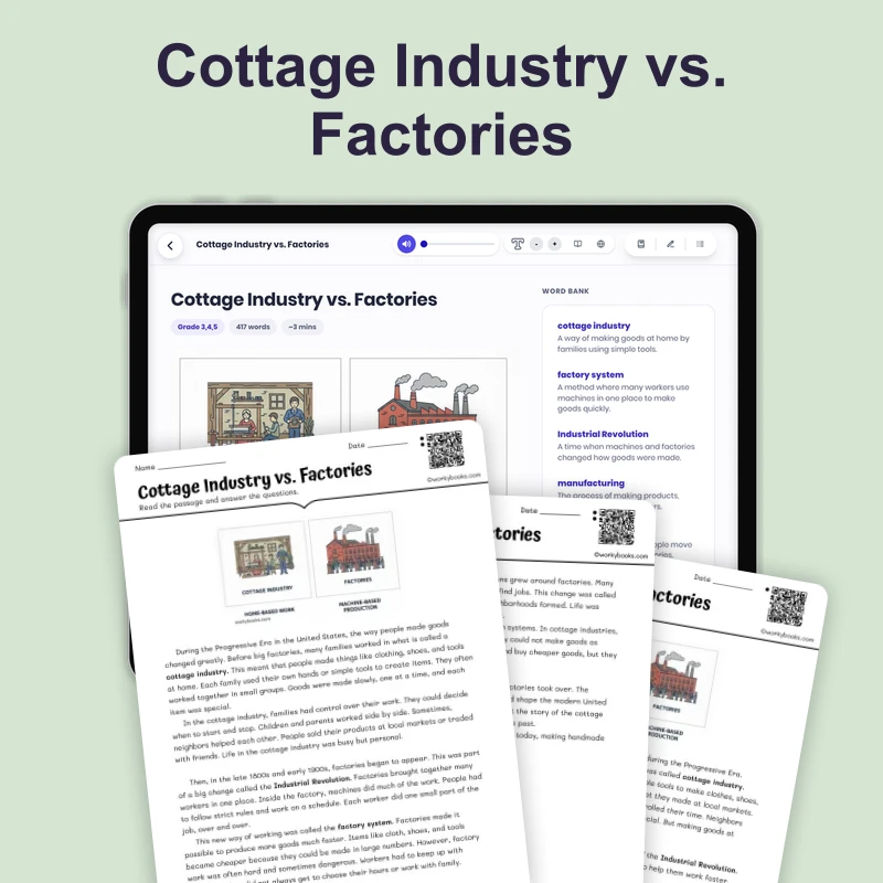 Cottage Industry vs. Factories — reading — reading comprehension for Grade 3, Grade 4, Grade 5, page 1 of 4
