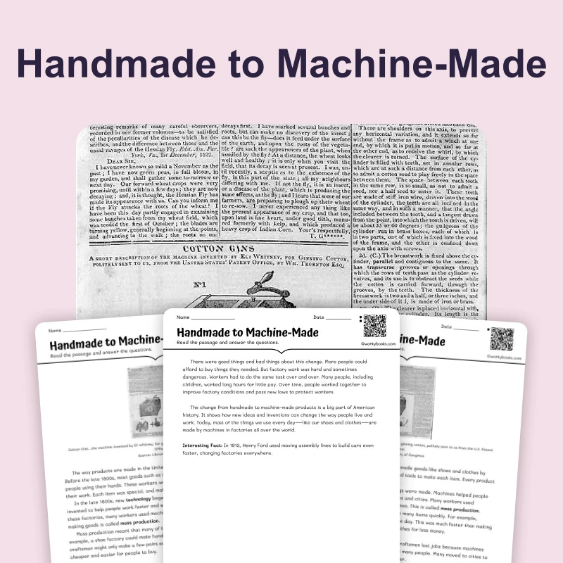 Handmade to Machine-Made: The Rise of Industry — reading — reading comprehension for Grade 3, Grade 4, Grade 5, page 1 of 4