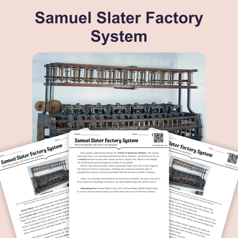 Samuel Slater Factory System — reading — reading comprehension for Grade 3, Grade 4, Grade 5, page 1 of 4