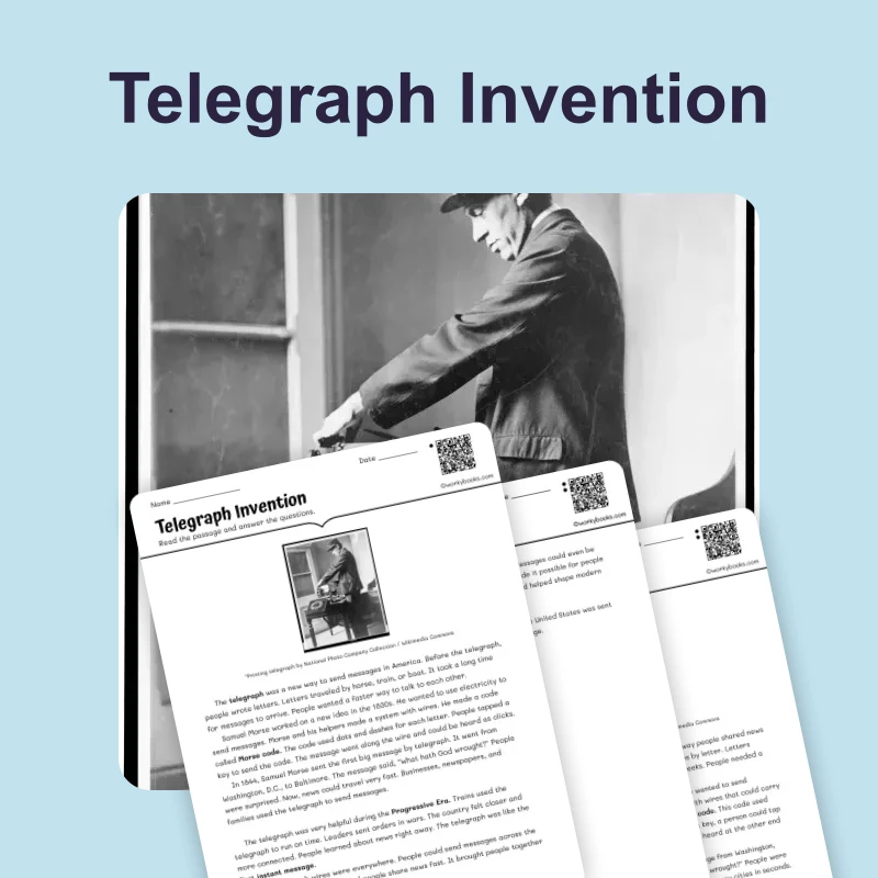 Telegraph Invention — reading — reading comprehension for Grade 3, Grade 4, Grade 5, page 1 of 4