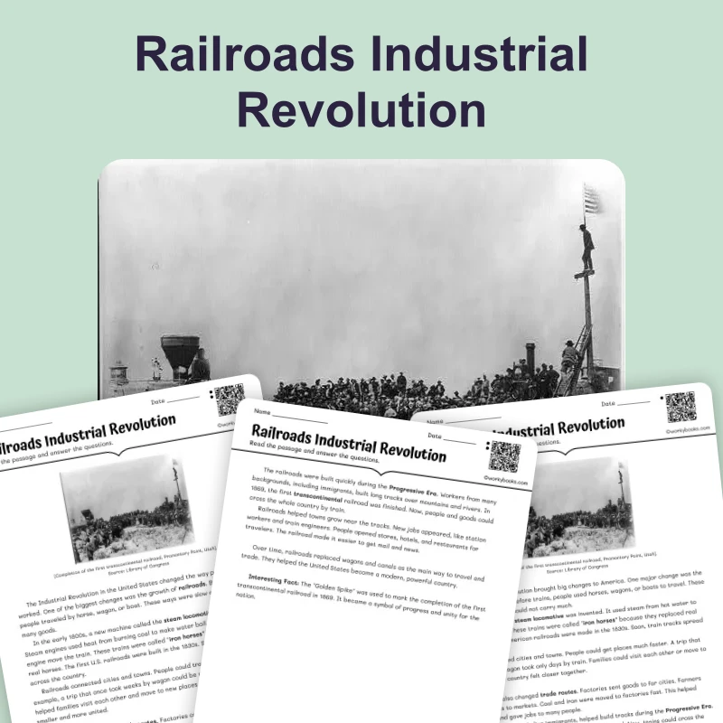 Railroads in the Industrial Revolution — reading — reading comprehension for Grade 3, Grade 4, Grade 5, page 1 of 4