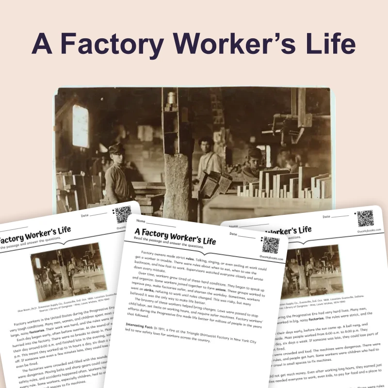 A Factory Worker’s Life — reading — reading comprehension for Grade 3, Grade 4, Grade 5, page 1 of 4