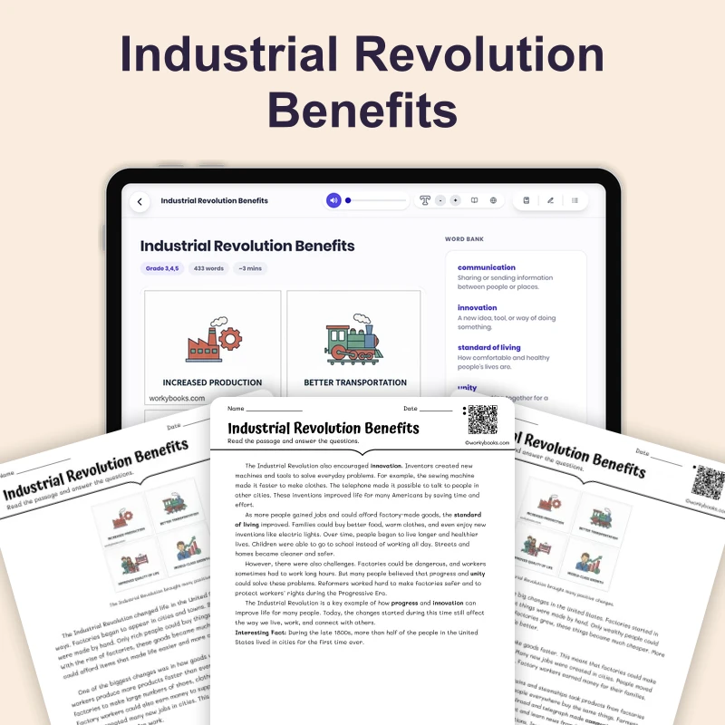 Industrial Revolution Benefits — reading — reading comprehension for Grade 3, Grade 4, Grade 5, page 1 of 4