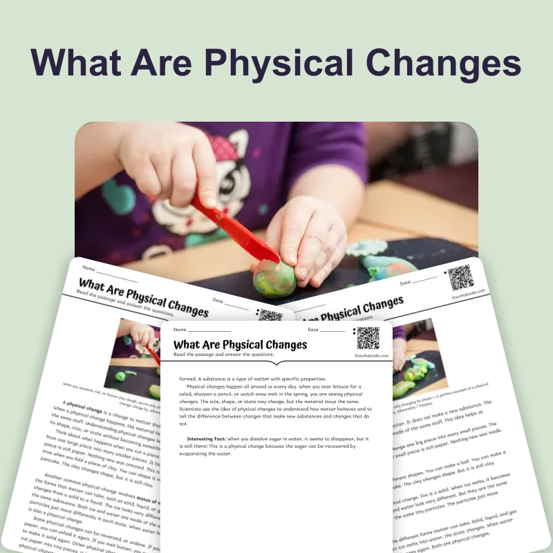 What Are Physical Changes? — science — reading comprehension for Grade 3, Grade 4, Grade 5, Grade 6, page 1 of 4