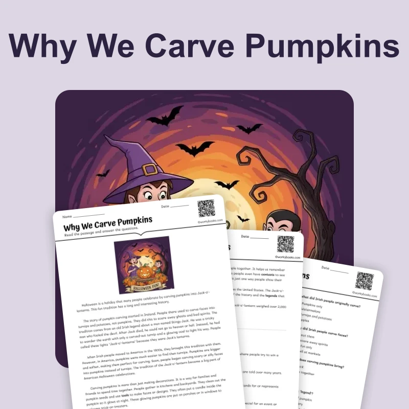 Why We Carve Pumpkins — culture — reading comprehension for Grade 3, Grade 4, Grade 5, page 1 of 4