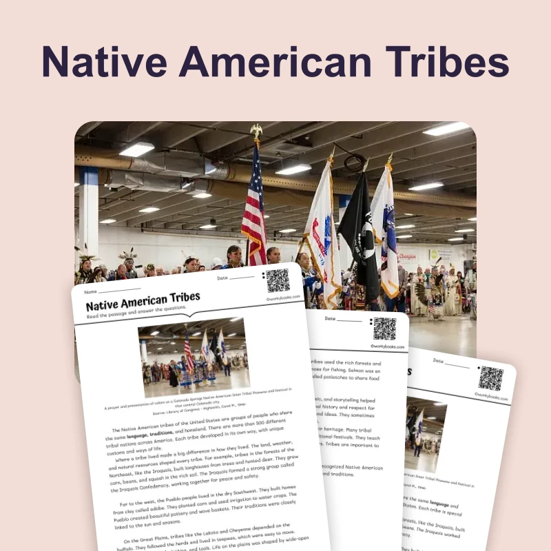 Native American Tribes Across America — reading — reading comprehension for Grade 3, Grade 4, Grade 5, page 1 of 4