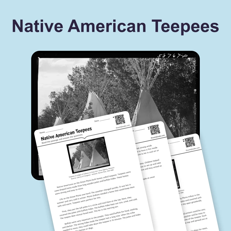 Teepees: Homes on the Great Plains — reading — reading comprehension for Grade 3, Grade 4, Grade 5, page 1 of 4
