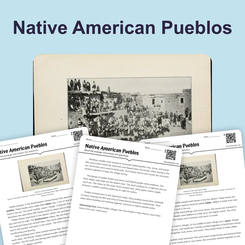 Pueblos: Desert Homes of the Southwest — reading — reading comprehension for Grade 3, Grade 4, Grade 5, page 1 of 4
