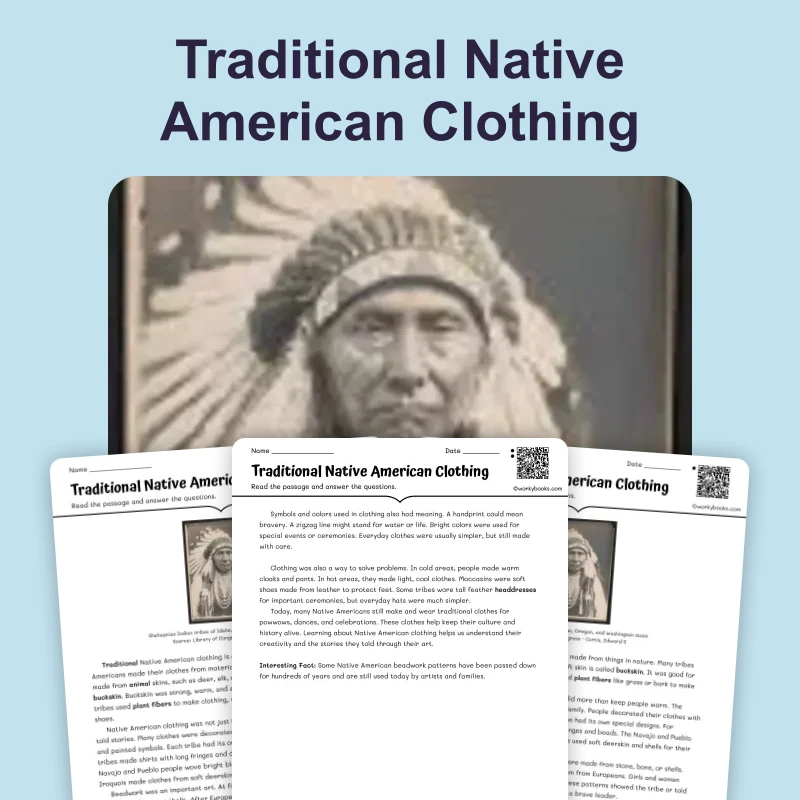 Traditional Native American Clothing — reading — reading comprehension for Grade 3, Grade 4, Grade 5, page 1 of 4