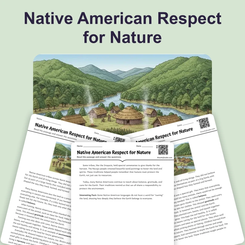 Native American Respect for Nature — reading — reading comprehension for Grade 3, Grade 4, Grade 5, page 1 of 4
