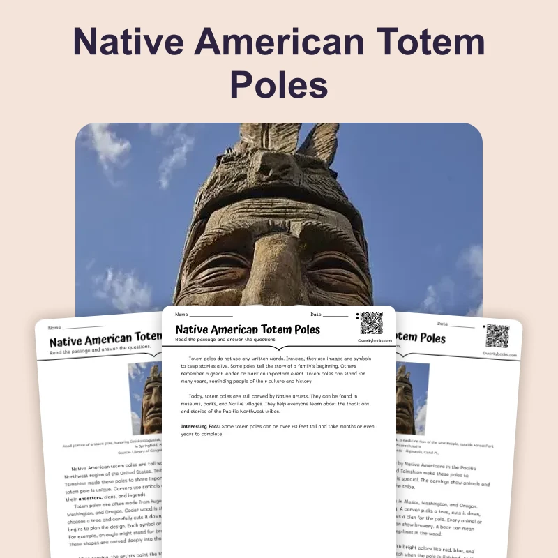 Totem Poles of the Pacific Northwest — reading — reading comprehension for Grade 3, Grade 4, Grade 5, page 1 of 4