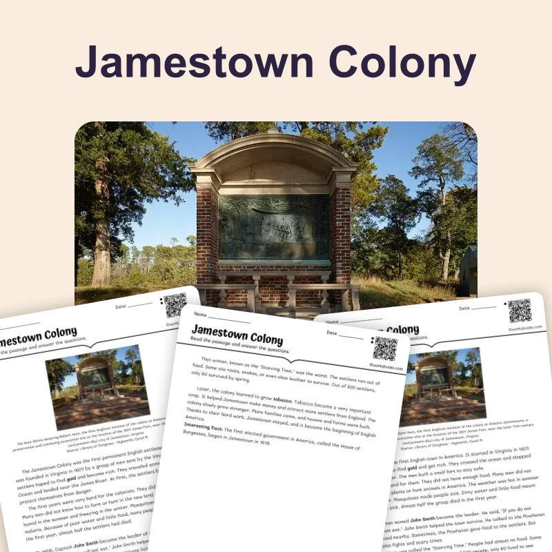 Jamestown: The First Permanent English Colony — reading — reading comprehension for Grade 3, Grade 4, Grade 5, page 1 of 4