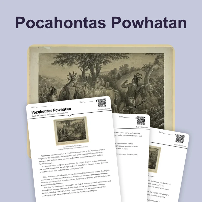 Pocahontas and the Powhatan People — reading — reading comprehension for Grade 3, Grade 4, Grade 5, page 1 of 4
