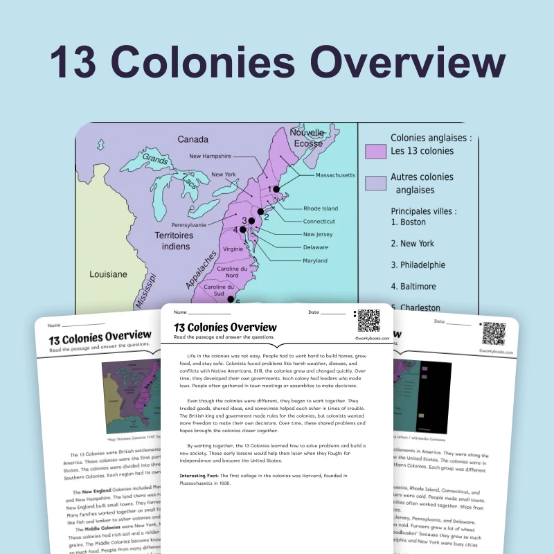 The 13 Original Colonies: An Overview — reading — reading comprehension for Grade 3, Grade 4, Grade 5, page 1 of 4