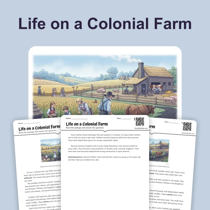 Life on a Colonial Farm — reading — reading comprehension for Grade 3, Grade 4, Grade 5, page 1 of 4
