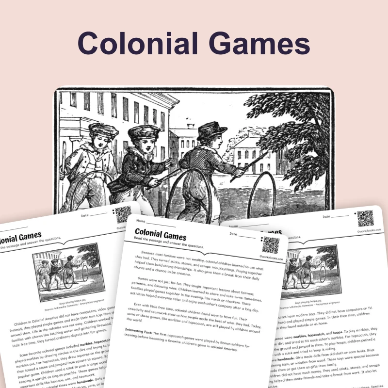 Colonial Games and Entertainment — reading — reading comprehension for Grade 3, Grade 4, Grade 5, page 1 of 4