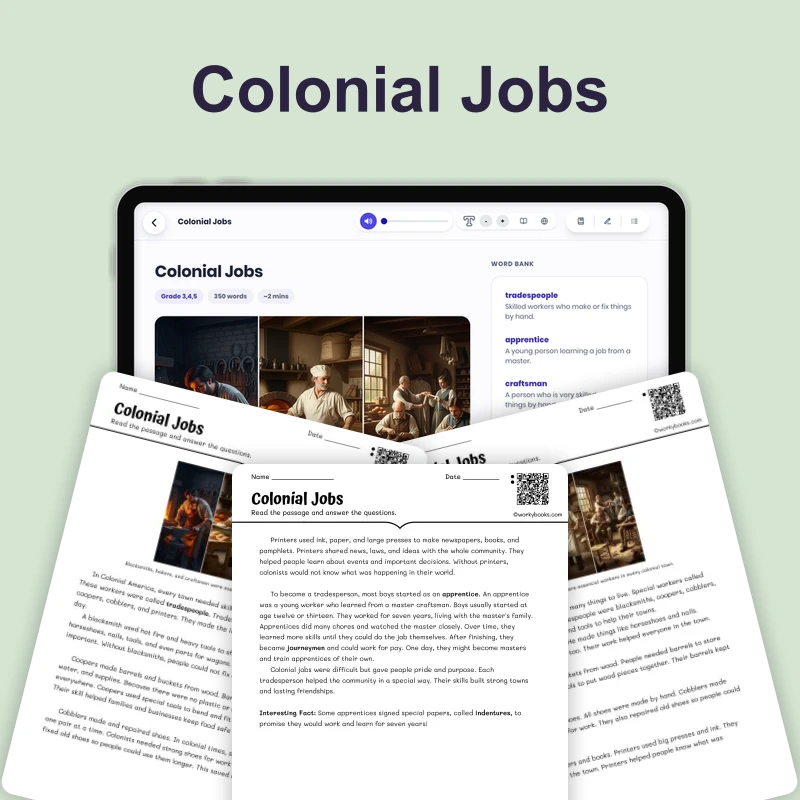 Colonial Jobs: Blacksmiths, Bakers, and Craftsmen — reading — reading comprehension for Grade 3, Grade 4, Grade 5, page 1 of 4