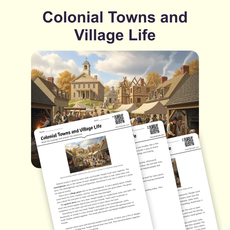Colonial Towns and Village Life — reading — reading comprehension for Grade 3, Grade 4, Grade 5, page 1 of 4