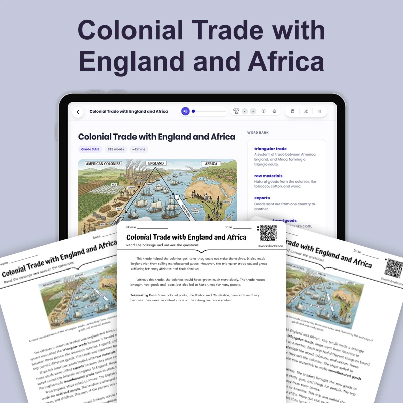 Colonial Trade with England and Africa — reading — reading comprehension for Grade 3, Grade 4, Grade 5, page 1 of 4