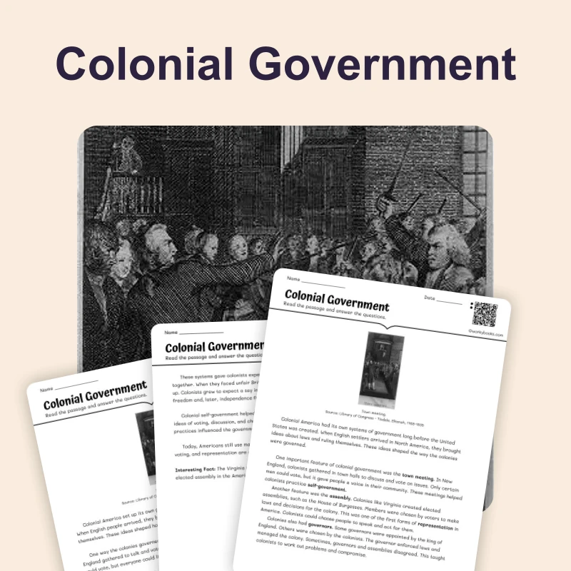 Colonial Government and Town Meetings — reading — reading comprehension for Grade 3, Grade 4, Grade 5, page 1 of 4