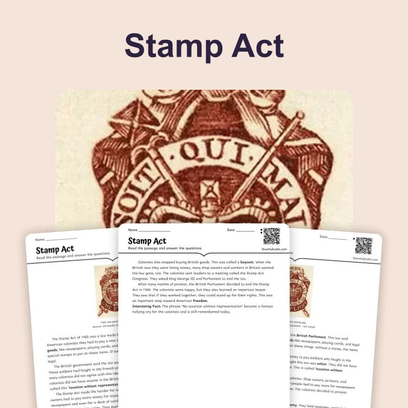 Unfair Taxes and the Stamp Act — reading — reading comprehension for Grade 3, Grade 4, Grade 5, page 1 of 4