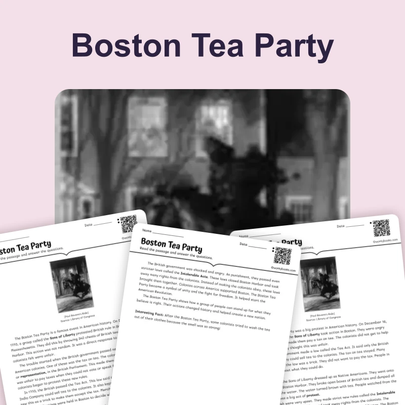 Paul Revere's Midnight Ride — reading — reading comprehension for Grade 3, Grade 4, Grade 5, page 1 of 4