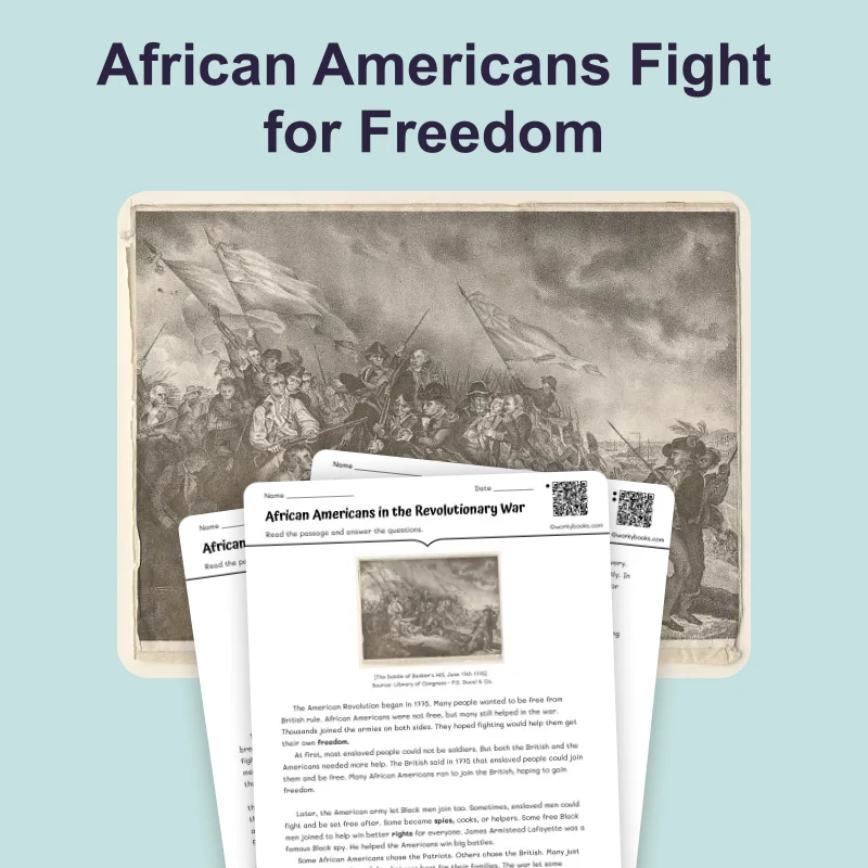 African Americans in the Revolutionary War — ela — reading comprehension for Grade 3, Grade 4, Grade 5, page 1 of 4