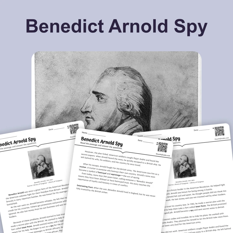 Spies, Secret Codes, and Benedict Arnold — reading — reading comprehension for Grade 3, Grade 4, Grade 5, page 1 of 4
