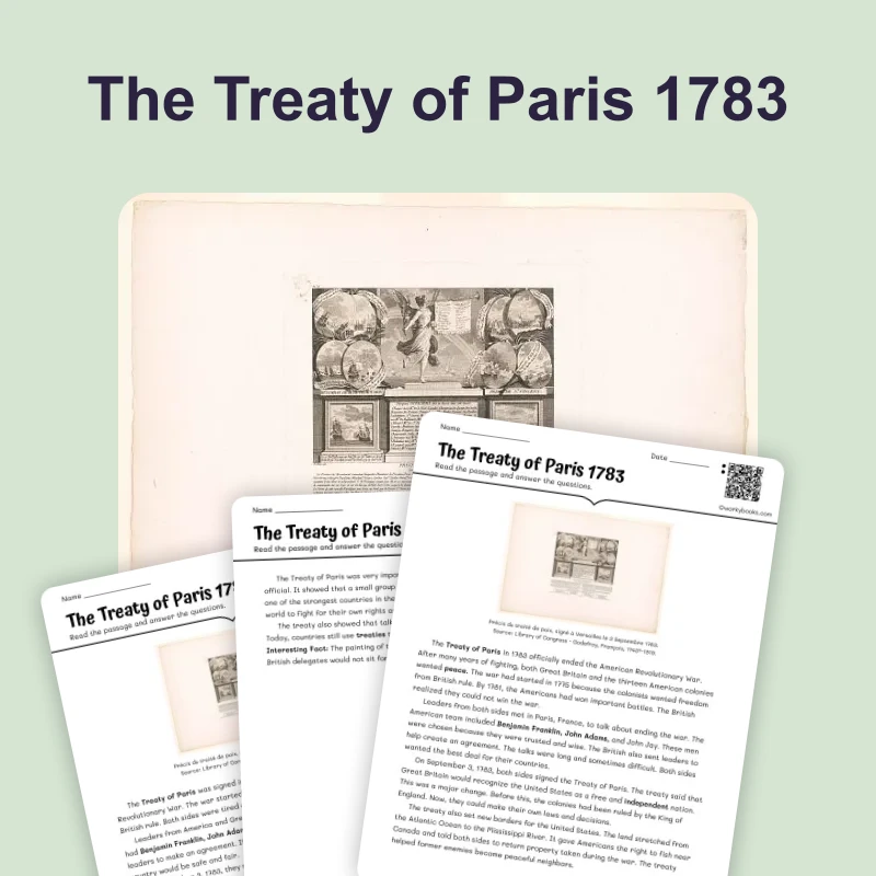 The Treaty of Paris 1783 — reading — reading comprehension for Grade 3, Grade 4, Grade 5, page 1 of 4