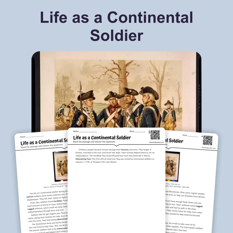 Life as a Continental Soldier — reading — reading comprehension for Grade 3, Grade 4, Grade 5, page 1 of 4