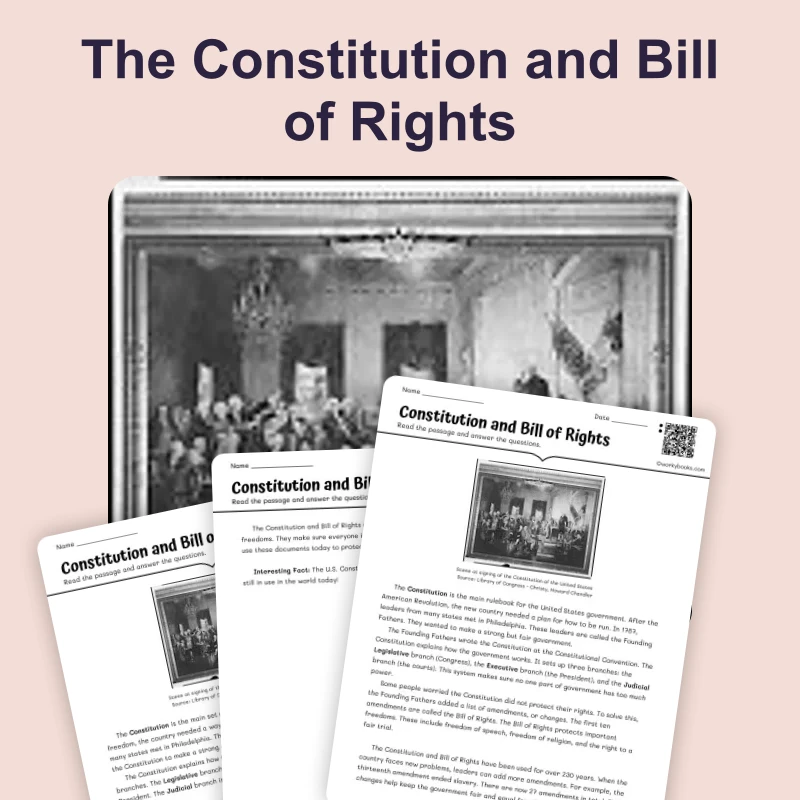 The Constitution and Bill of Rights — reading — reading comprehension for Grade 3, Grade 4, Grade 5, page 1 of 4