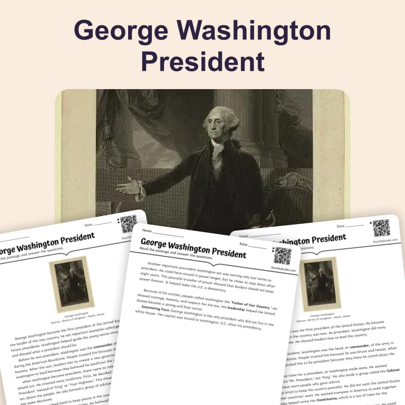 George Washington: Our First President — reading — reading comprehension for Grade 3, Grade 4, Grade 5, page 1 of 4